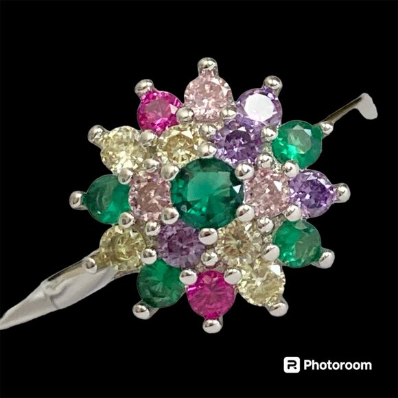 Fruit Salad Cubic Zirconia Halo Ring Rhodium Plated Size 7 8 9 Cocktail Green - Picture 1 of 13